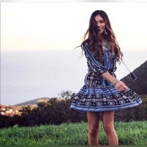 New Holding Horses Anthropologie Blue & Black Patter Mini Dress Sz Small Petite